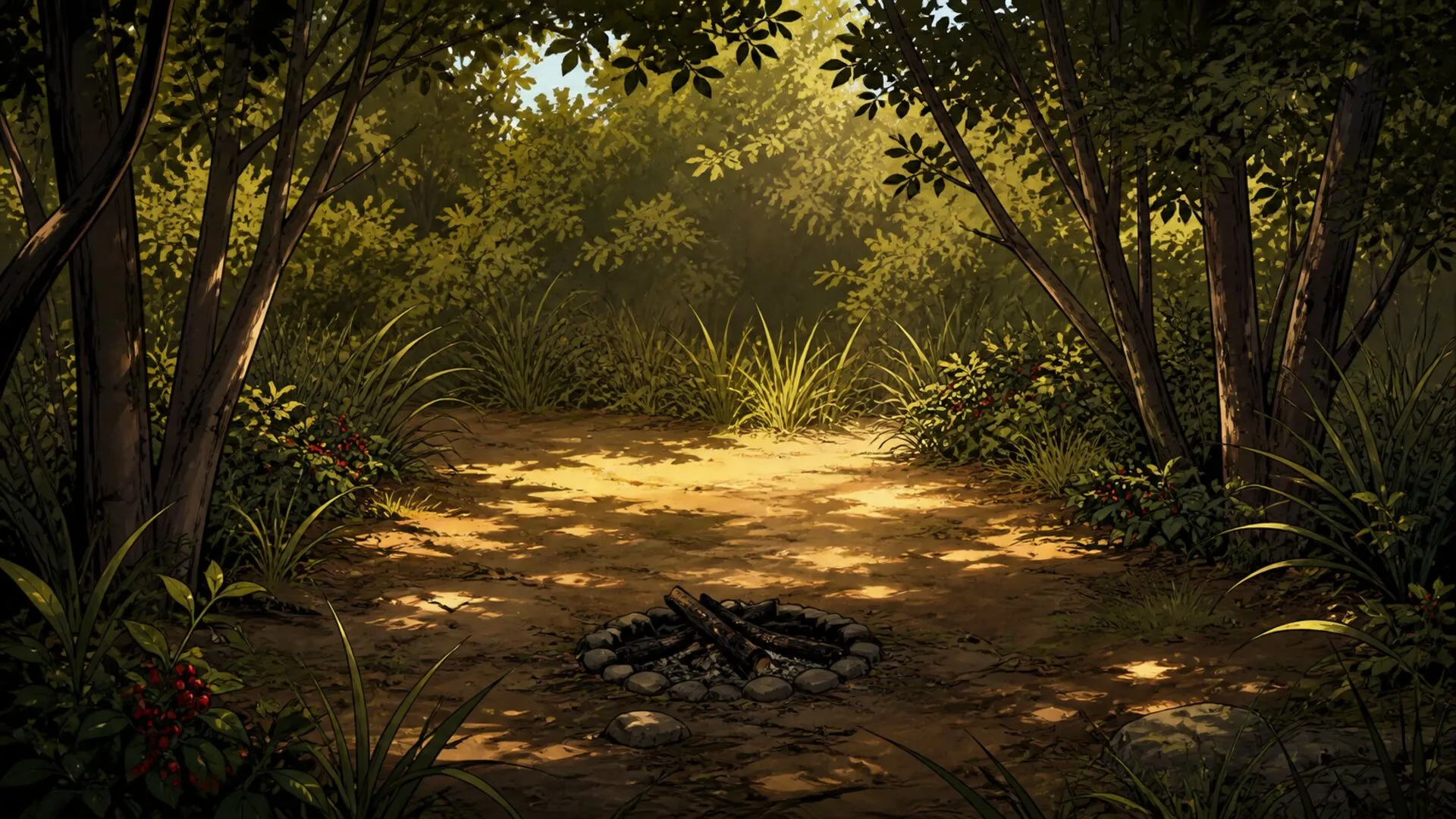 A sunlit forest clearing with a cold fire ring at its centre