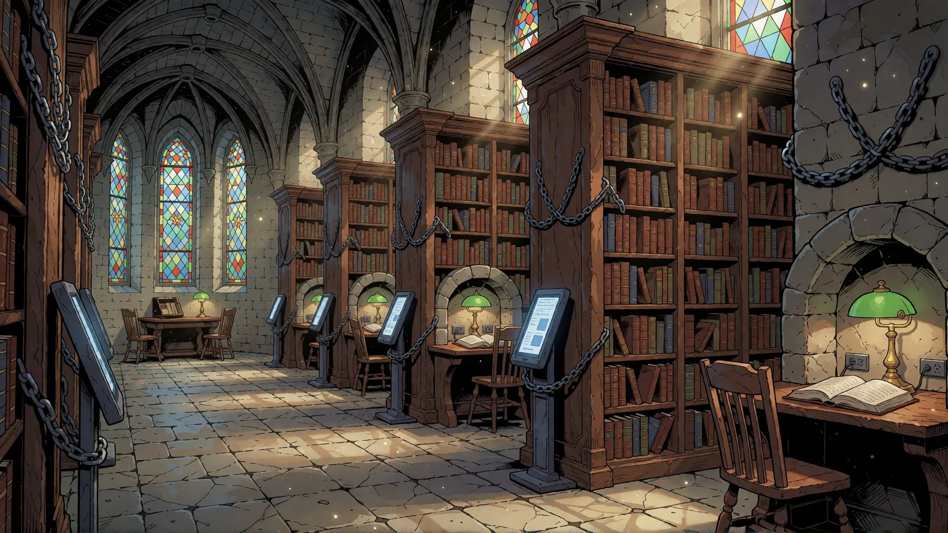 Vaulted library stacks hung with chains, stained-glass windows, green reading lamps and catalogue screens