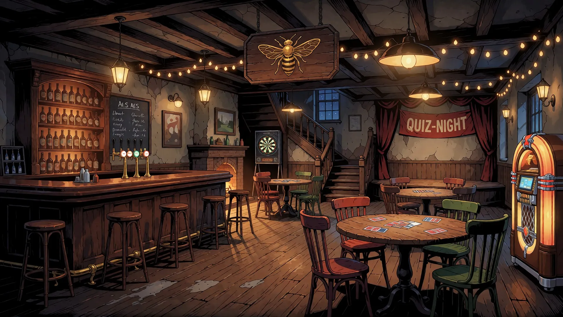 A beamed student pub with a long bar, a bee sign, a quiz-night banner, a dartboard and a jukebox