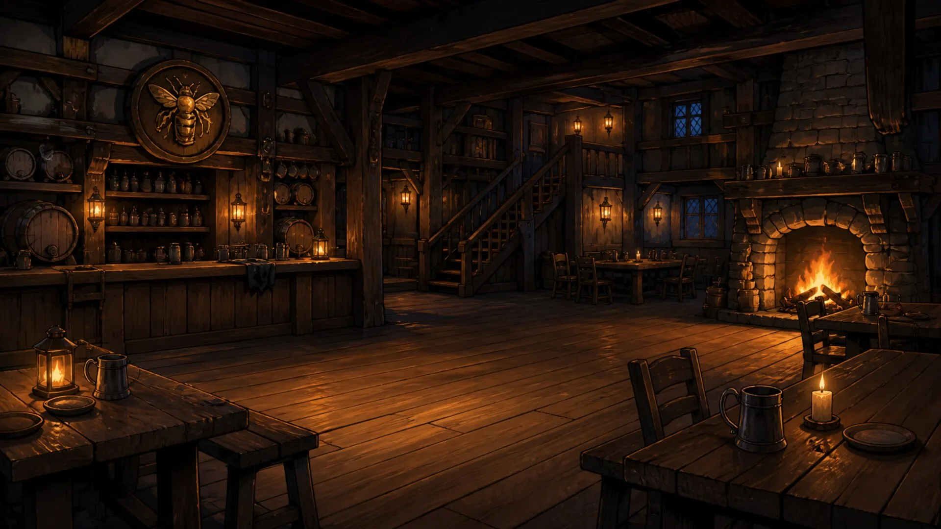 A lamplit tavern interior with a long bar and a burning hearth