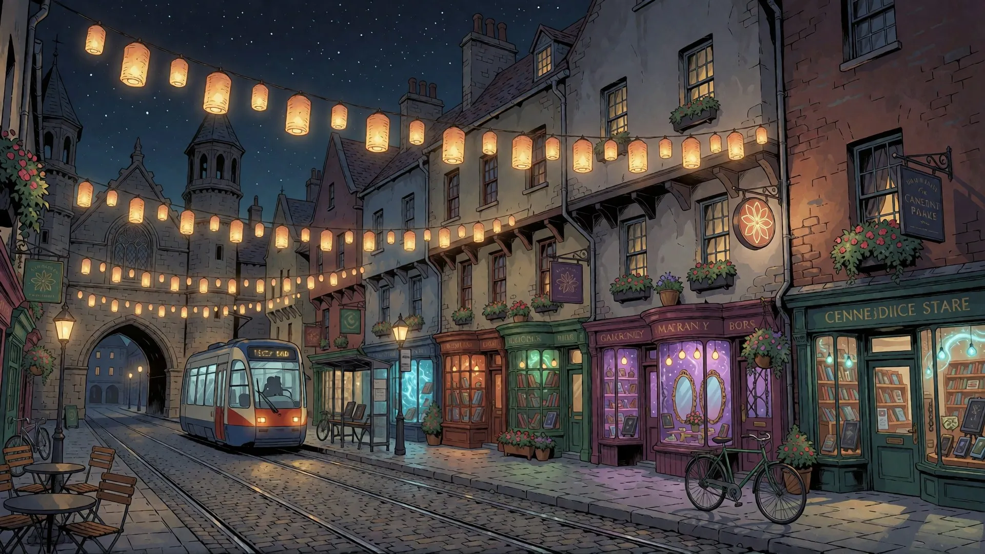 A cobbled high street at night strung with paper lanterns, a tram passing lit shopfronts