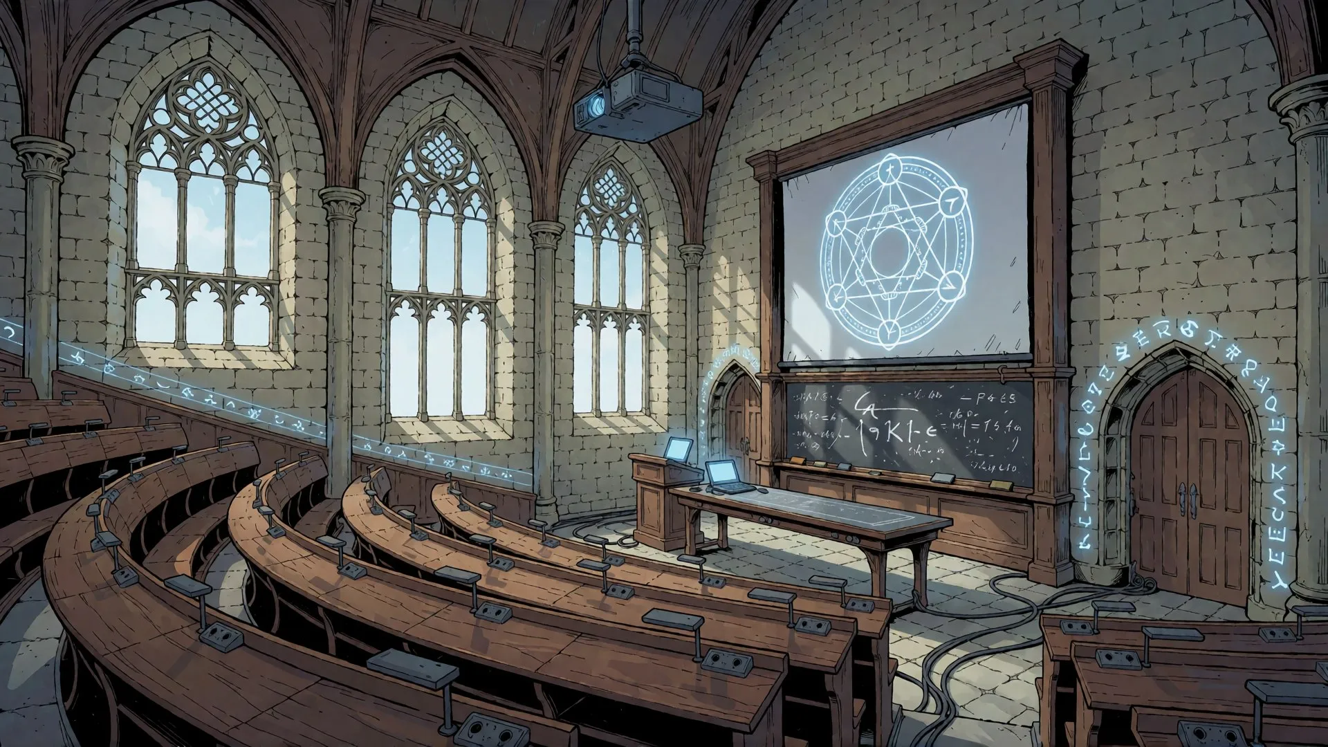 A gothic lecture hall with curved wooden benches, a projector showing a magic circle, and warding runes glowing along the walls