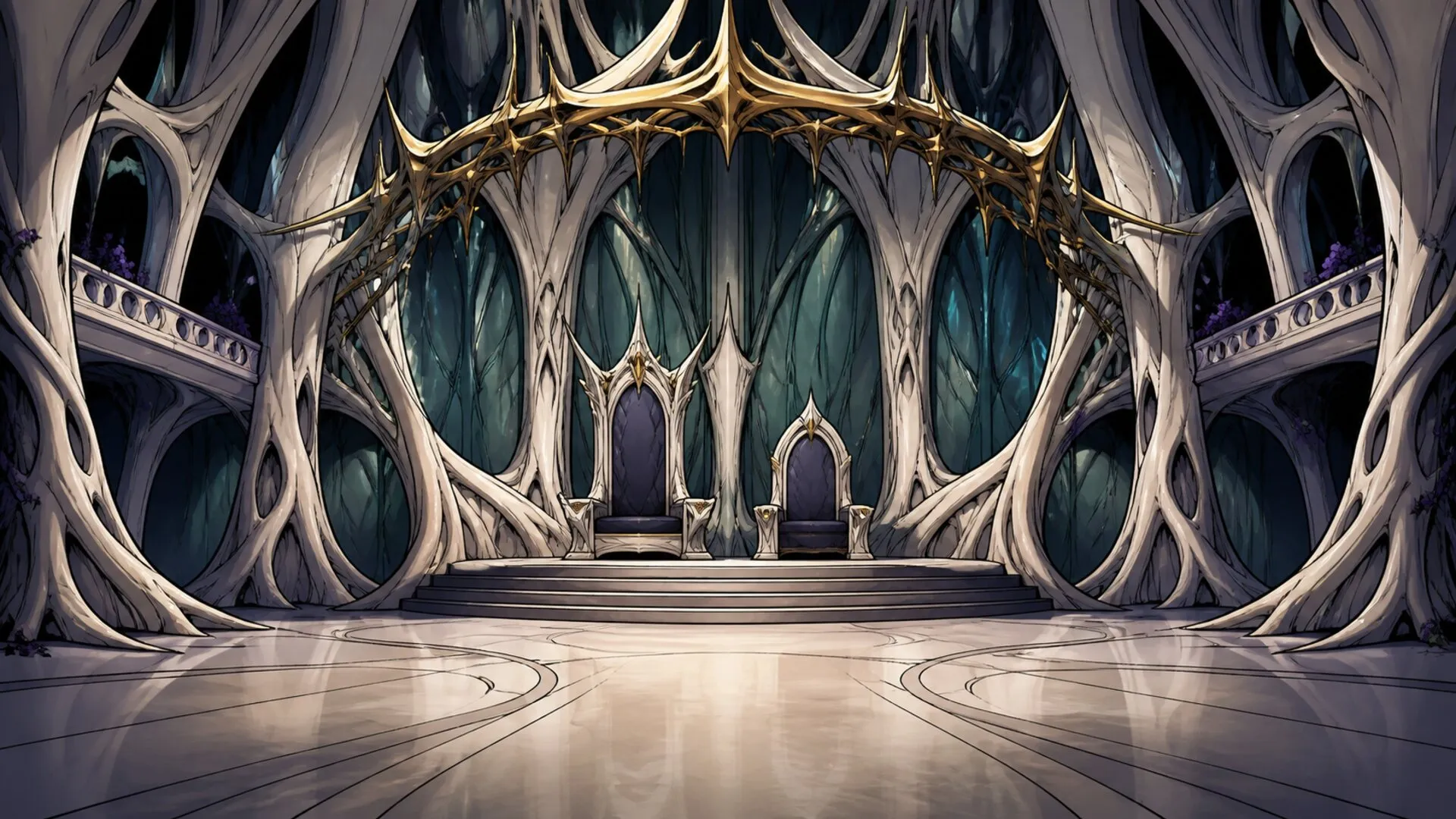 A throne room grown from pale living roots, arching over an empty seat