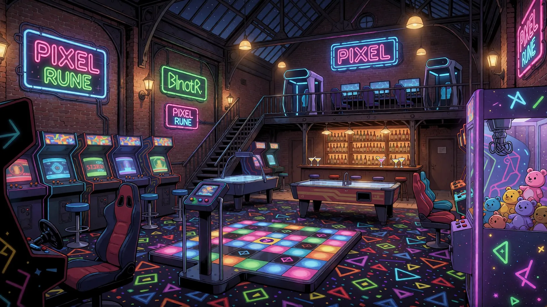 A neon-lit arcade with cabinets, air hockey, a dance pad, a claw machine, and a bar under the mezzanine