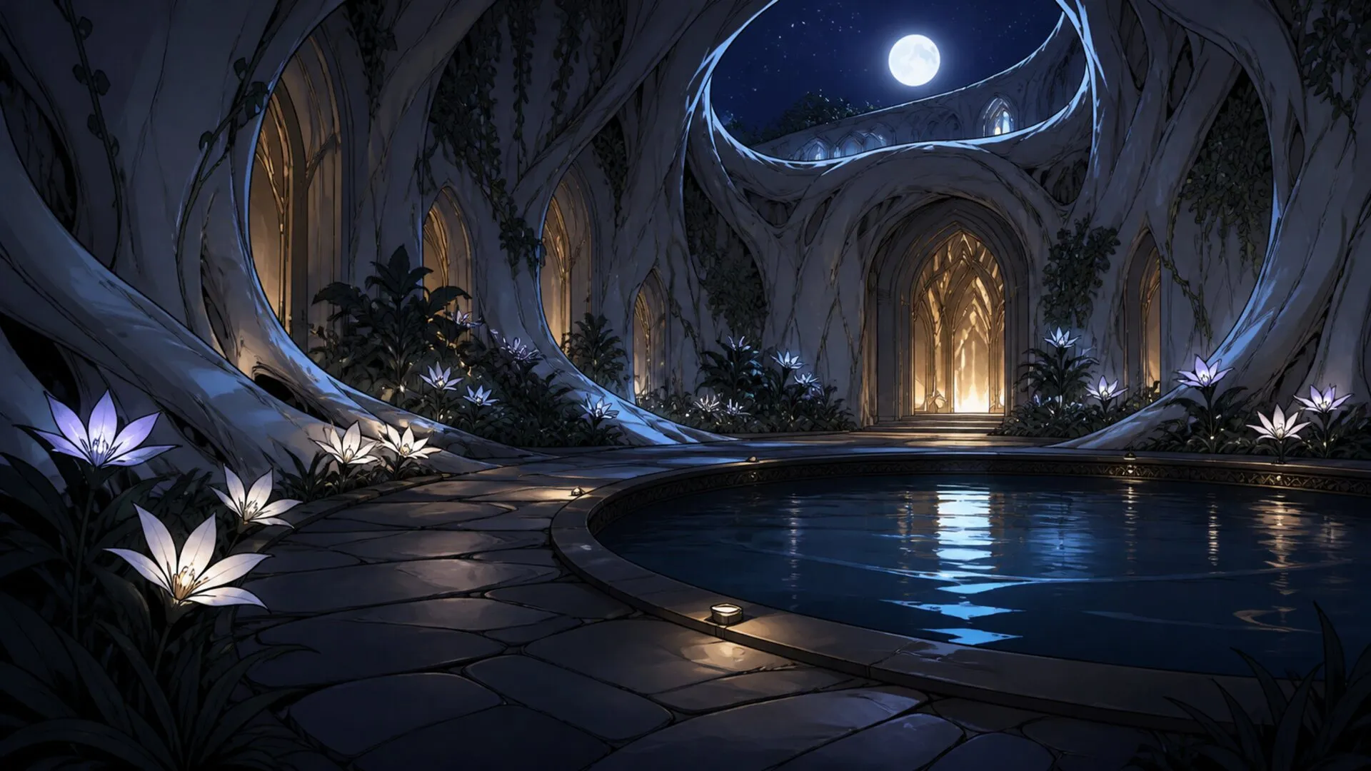 A moonlit pool inside a vaulted root garden, ringed with pale flowers