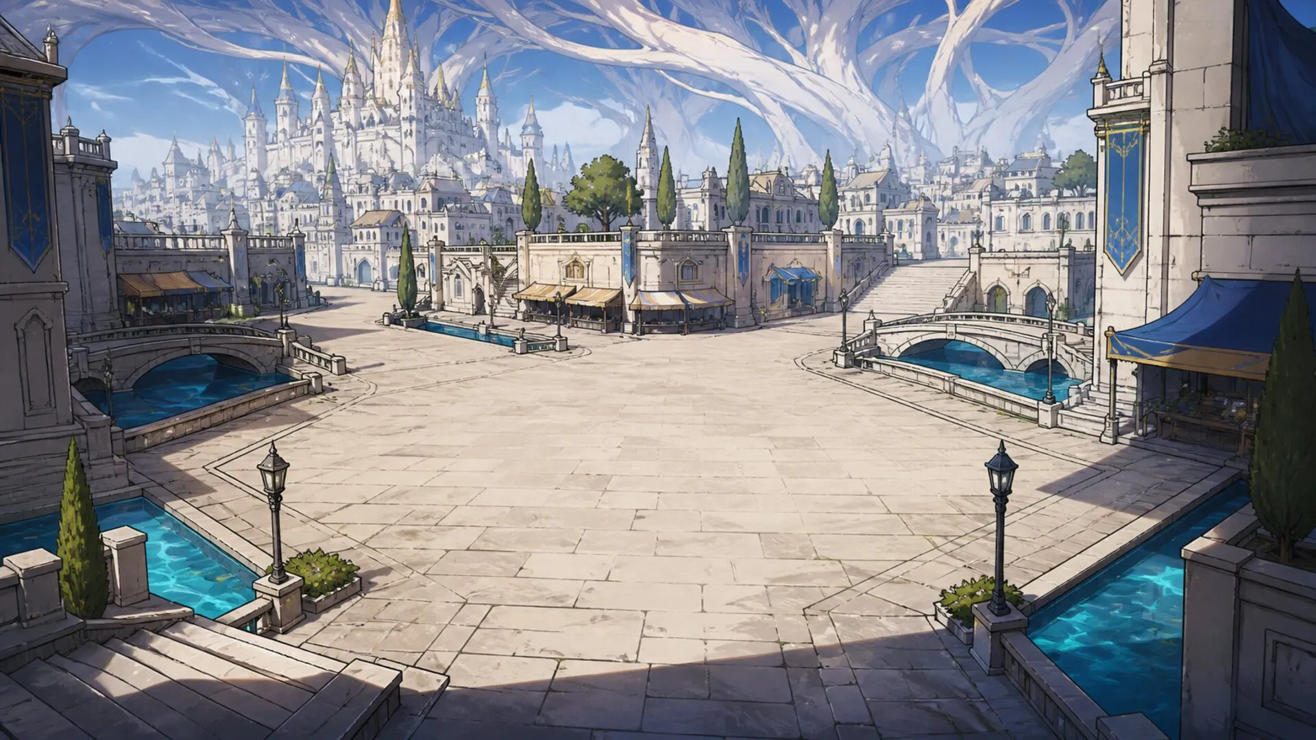 A white marble city square with fountains under a bright sky