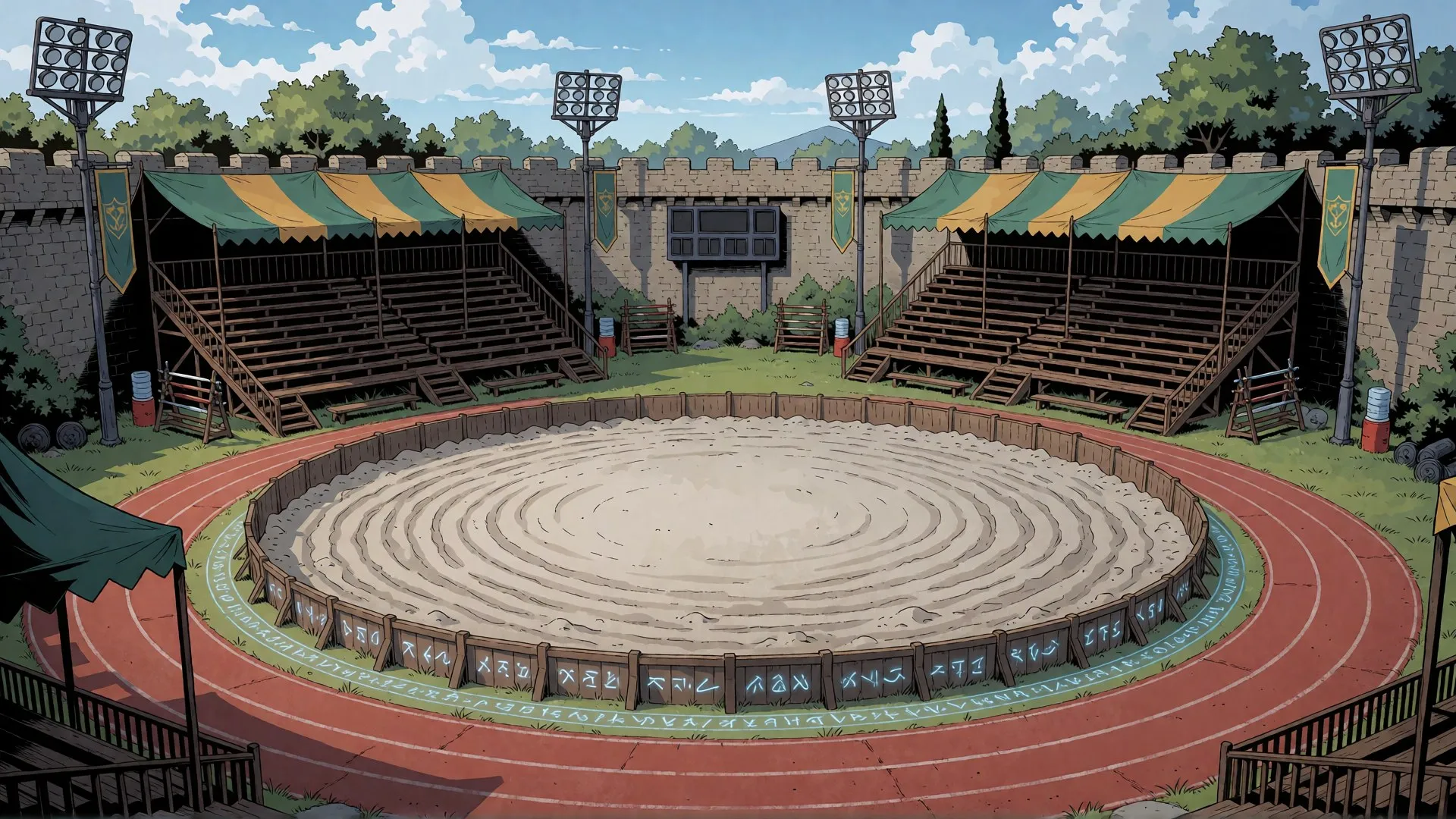 A sand ring edged with glowing runes inside a running track, with striped stands, floodlights and a scoreboard